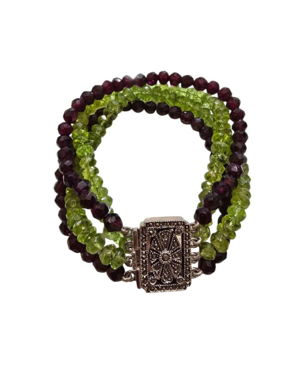 Stunning Sterling & 4-Strand Amethyst & Peridot Bracelet Marcasite Push-in Clasp